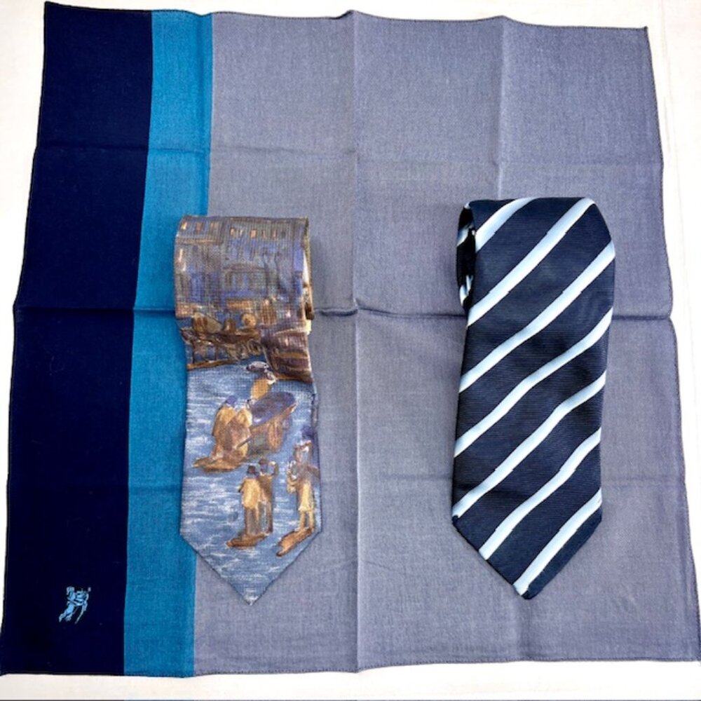 Set: 2 Neckties Burberry Blue  & Raffaello  Italy +1 Burberry  Handkerchief (54 - Picture 15 of 16